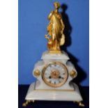 19th C French gilt and white onyx striking mantel clock crested with gilt figure of a semi clad