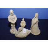 Group of four contemporary artist sculptures of various figures including knight, monk,