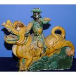 Pair of 18th/19th century glazed ceramic Chinese roof ridge tiles in the form of warriors riding
