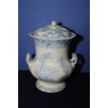 Large 19th C blue and white transfer printed twin handled urn with circular base and flared top