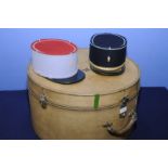 Large vellum hatbox with stencilled letters ERM with three point locking and leather carrying