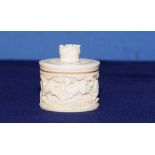 19th/20th C carved ivory box with screw off lid with carved finial in the form of a flower bud with