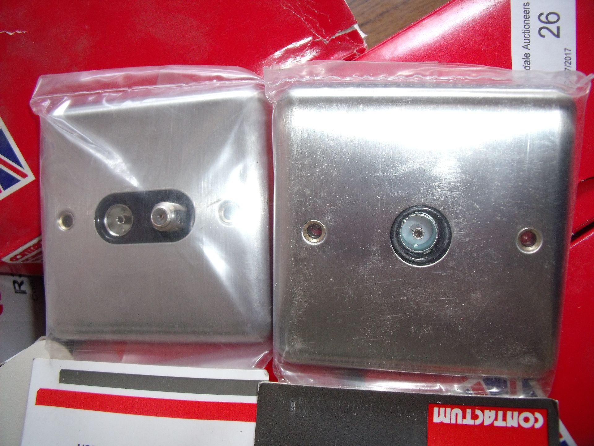 Quantity of Contactum brushed steel telephone sockets,