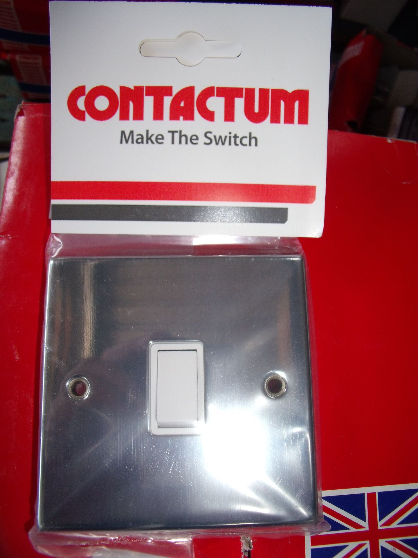 Assorted Contactum single, double and treble switches in polished chrome with white inserts,