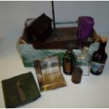 Box of assorted collectable's including leather wallet, balance scales, vintage cake tins,