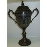 Large silver plated twin handled trophy and cover,