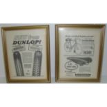 Pair of framed advertising book pages book 'Dunlop' and 'The Leatheries'