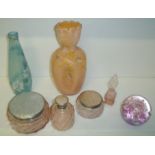 Four piece 1940s glass dressing table set, paperweight,