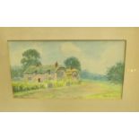 Watercolour depicting thatched cottage on wooded country lane signed lower right William Sylvester