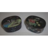 Pair of small cloisionne oval lidded snuff boxes with bird and floral design