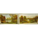 Pair of framed 1970s oils on board depicting woodland lake scenes in autumnal season with mountains
