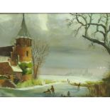 Large oil on board depicting Dutch scene with children skating on a frozen lake with castle type