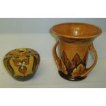 Chameleon Ware squat vase (53/125) and Chameleon Ware twin handled vase (11/125) both with stylized