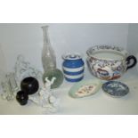 Mason's chamber pot, Cornish Ware style canister, two pieces of Prinknash pottery,