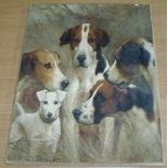 Unframed oleograph of hounds and terrier