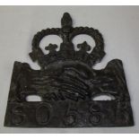 Victorian lead fire mark wall plaque with crowned shaking hands No.