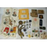 Selection of various assorted military badges, silks, buttons, medal issue boxes, cloth insignia,