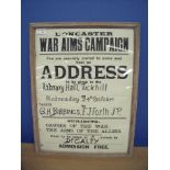 Framed and mounted wartime poster for Doncaster War Aims Campaign