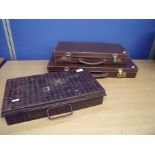 Two Masonic brown leather cases and a similar japed metal case (3)