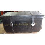 Late 19th C blacked canvas bound travelling trunk or rectangular form with cane and wicker interior