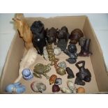 Selection of animal ornaments including brass, carved wood, ceramic owls, onyx donkey etc.