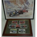 Framed selection of Golden Era Colin Carter F1 collectors cards and small framed motor racing F1