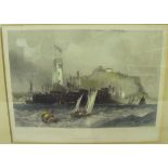 Framed hand coloured engraving 'Scarborough' drawn by J D Harding and engraved by W Fenden (34cm x