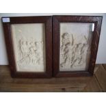 Pair of oak framed plaster panels depicting battle of Rabennie 1518 (26cm x 37cm)