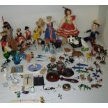Large selection of miniature animals, jugs, glass animals, costume jewellery, costume dolls etc.