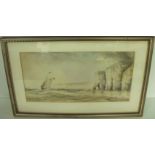 Gilt framed watercolour depicting sailing ship in choppy seas off Flamborough signed lower left W