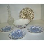 Three Royal Worcester blue and white plated with dragon design and printed marks to reverse,