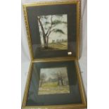 Pair of gilt framed watercolours depicting church in wooded country setting initialed lower left ?