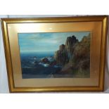 Gilt framed watercolour depicting rocky coastal scene signed lower right with indistinct signature