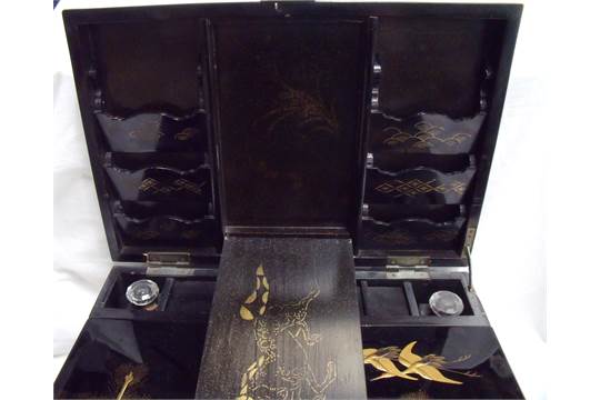 Early 20th C Japanese lacquered writing box the rectangular hinged lid with gilt and red lacquer - Image 12 of 12