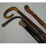 Bamboo walking stick with silver hallmarked mounts, rams head walking stick,