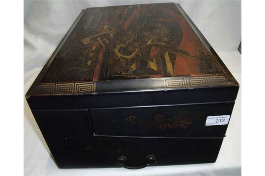 Early 20th C Japanese lacquered writing box the rectangular hinged lid with gilt and red lacquer - Image 4 of 12