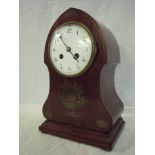 Late 19th C mahogany and brass inlaid mantel clock with white enamel dial on raised bun feet and