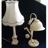 Cream painted wrought metal decorative table lamp with opaque shade and one other (2)