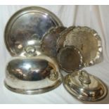 Four silver plated salvers, silver plated entree dish,