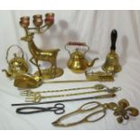 Selection of brass including reindeer candelabra, companion set, kettles, condiments etc.