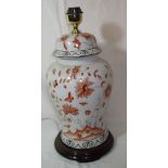 Large baluster table lamp with painted floral sprays on wooden base (height 53cm)