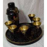 Lacquered 1930s Japanese cocktail set comprising six glasses,