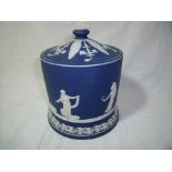 Adam's Ware Tunstall England blue and white jasper ware biscuit barrel with classical figures and