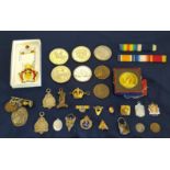 Masonic Steward medal, selection of various fobs including silver and enamel, commemorative crowns,