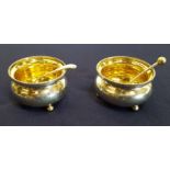 Pair of Continental silver salts with gilt liners and Birmingham silver hallmarked spoon and one