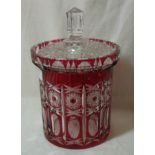 Cut glass ruby overlay biscuit jar with star cut engraving