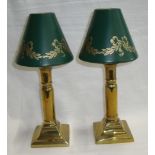 Pair brass candlesticks with pushers and accompanying metal green shades