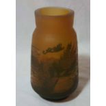 Modern reproduction glass vase with acid etched design depicting pond and water lilies and