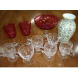 Clear glass and cranberry comport, two cranberry glasses,