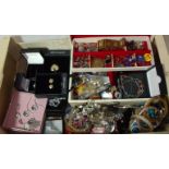 Selection of costume jewellery including beads, brooches, bracelets,